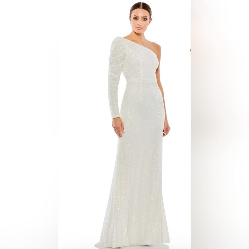 NWT Ieena for Mac Duggal White Sequined One Shoulder Trumpet Gown - Size 0 - Picture 1 of 8